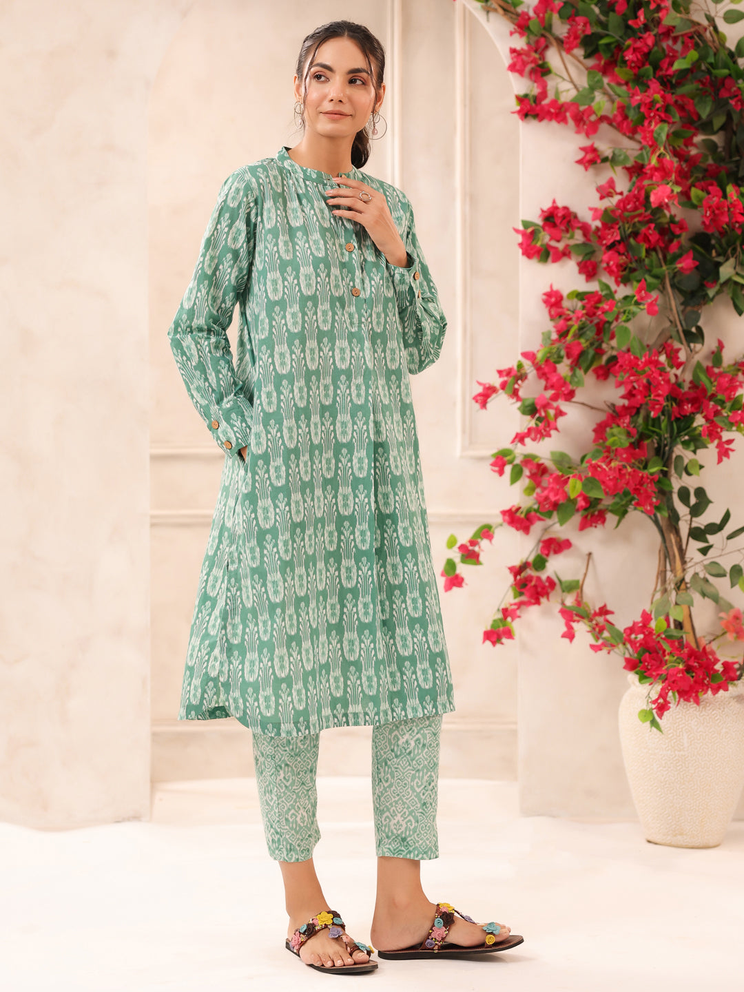 Green Ikkat Printed Cotton Kurta and Pants Set