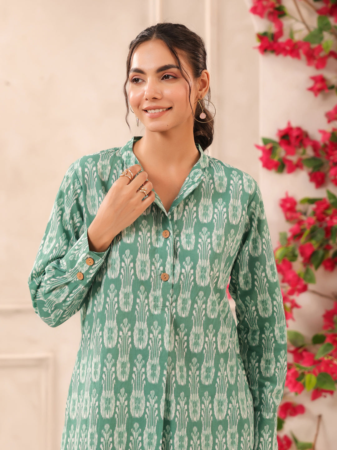 Green Ikkat Printed Cotton Kurta and Pants Set