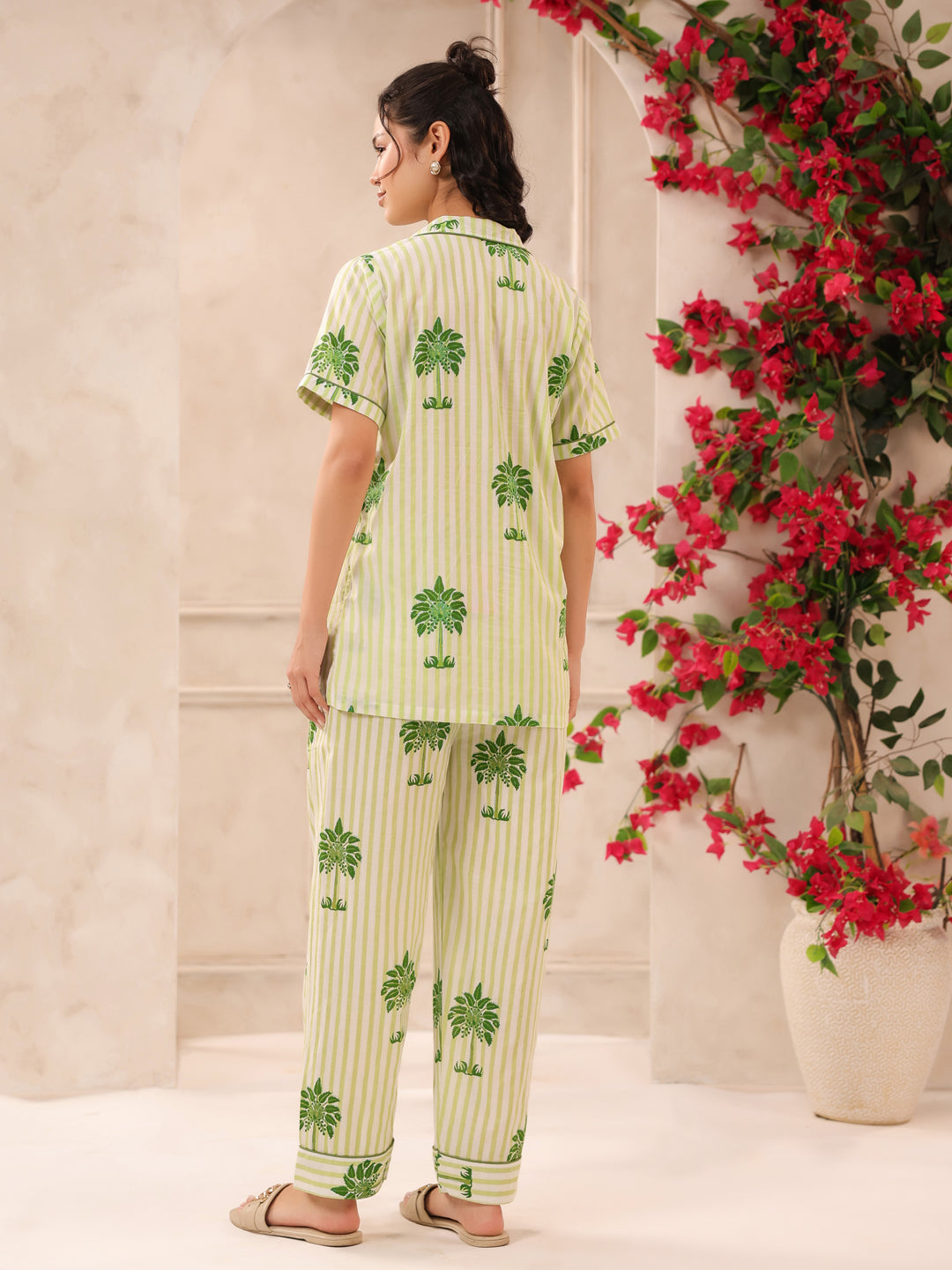 Green Palm Printed Lounge Set (Half Sleeve Shirt & Pyjama)
