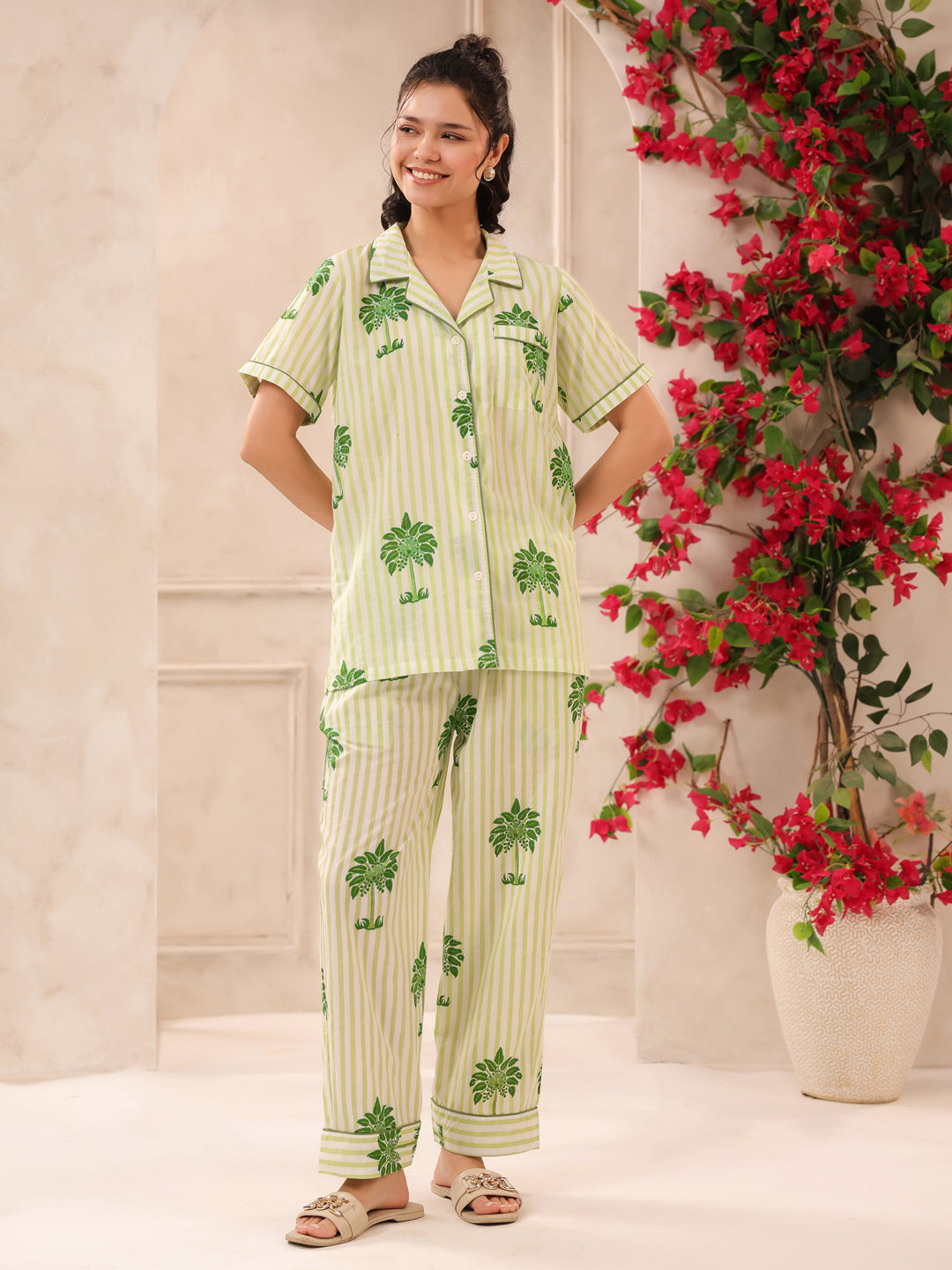 Green Palm Printed Lounge Set (Half Sleeve Shirt & Pyjama)
