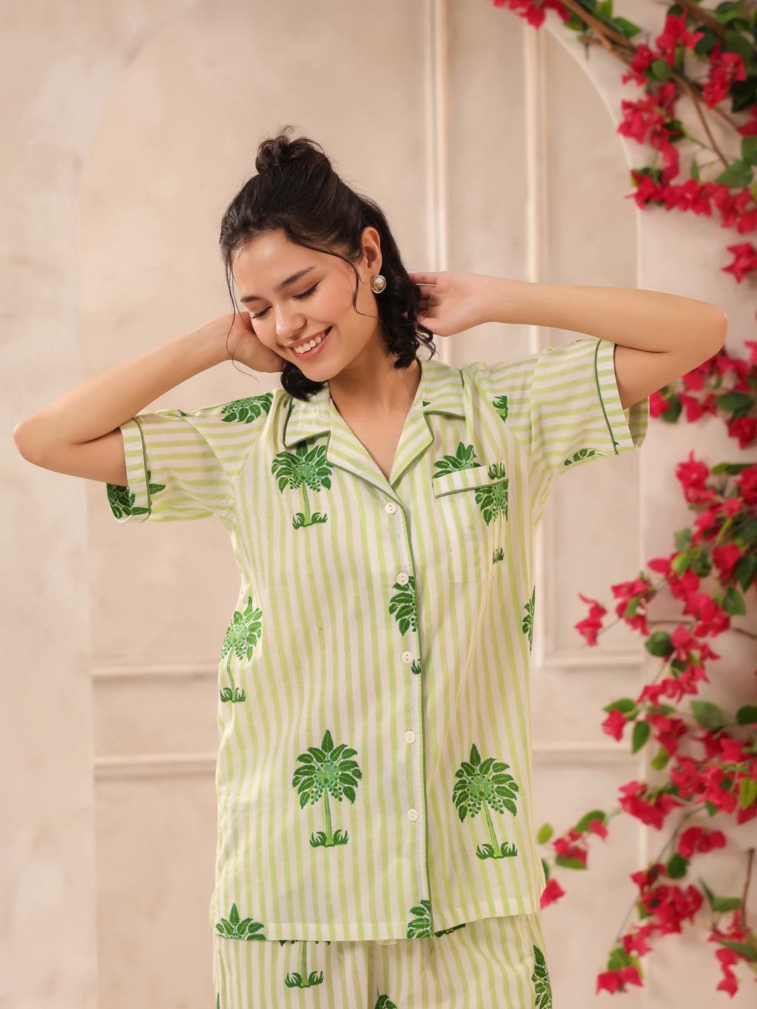 Green Palm Printed Lounge Set (Half Sleeve Shirt & Pyjama)