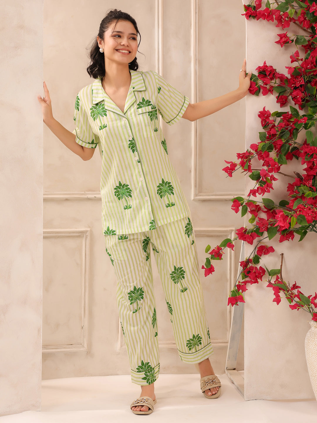 Green Palm Printed Lounge Set (Half Sleeve Shirt & Pyjama)