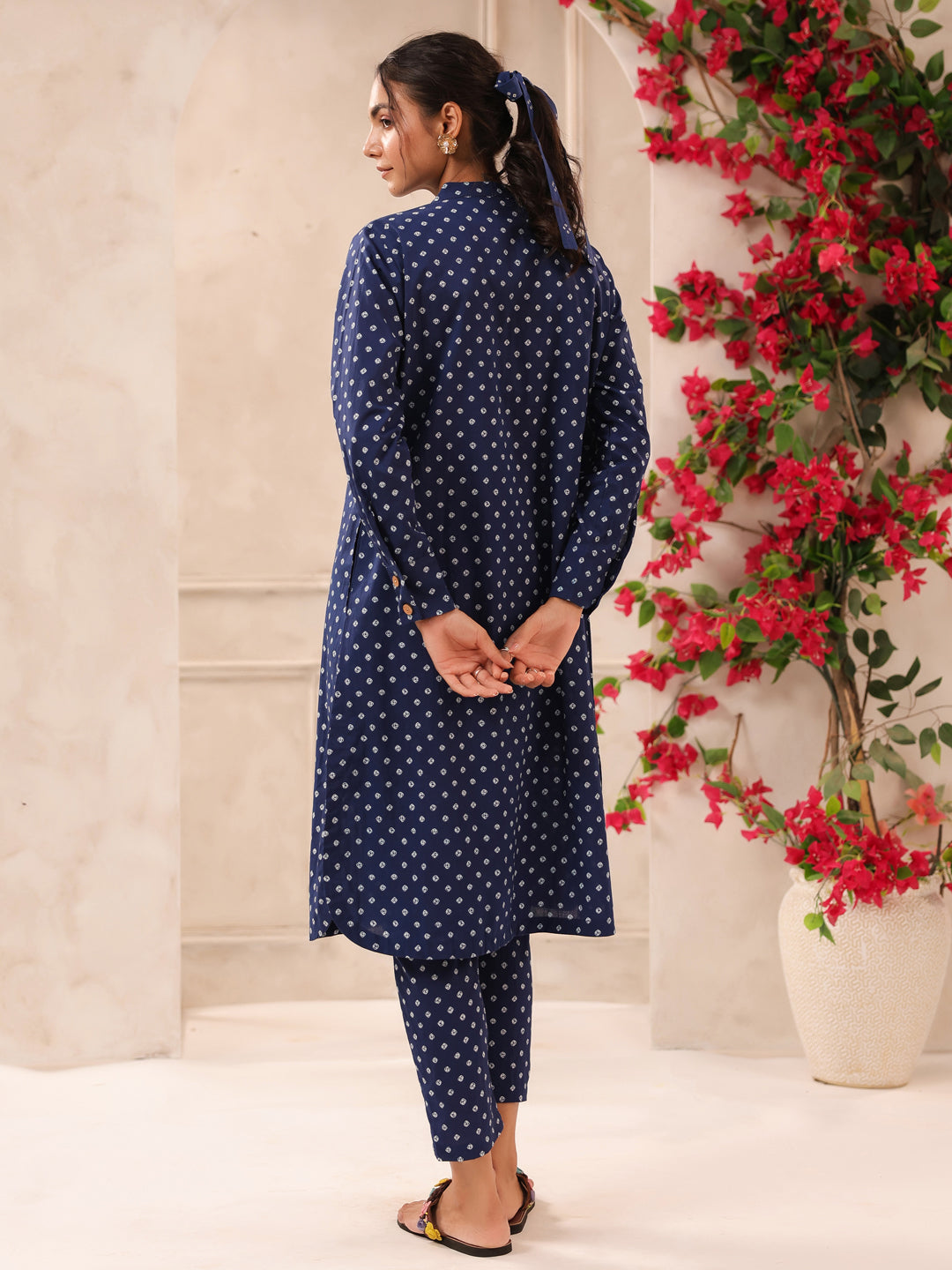 Blue Bandhej Printed Cotton Kurta and Pants Set
