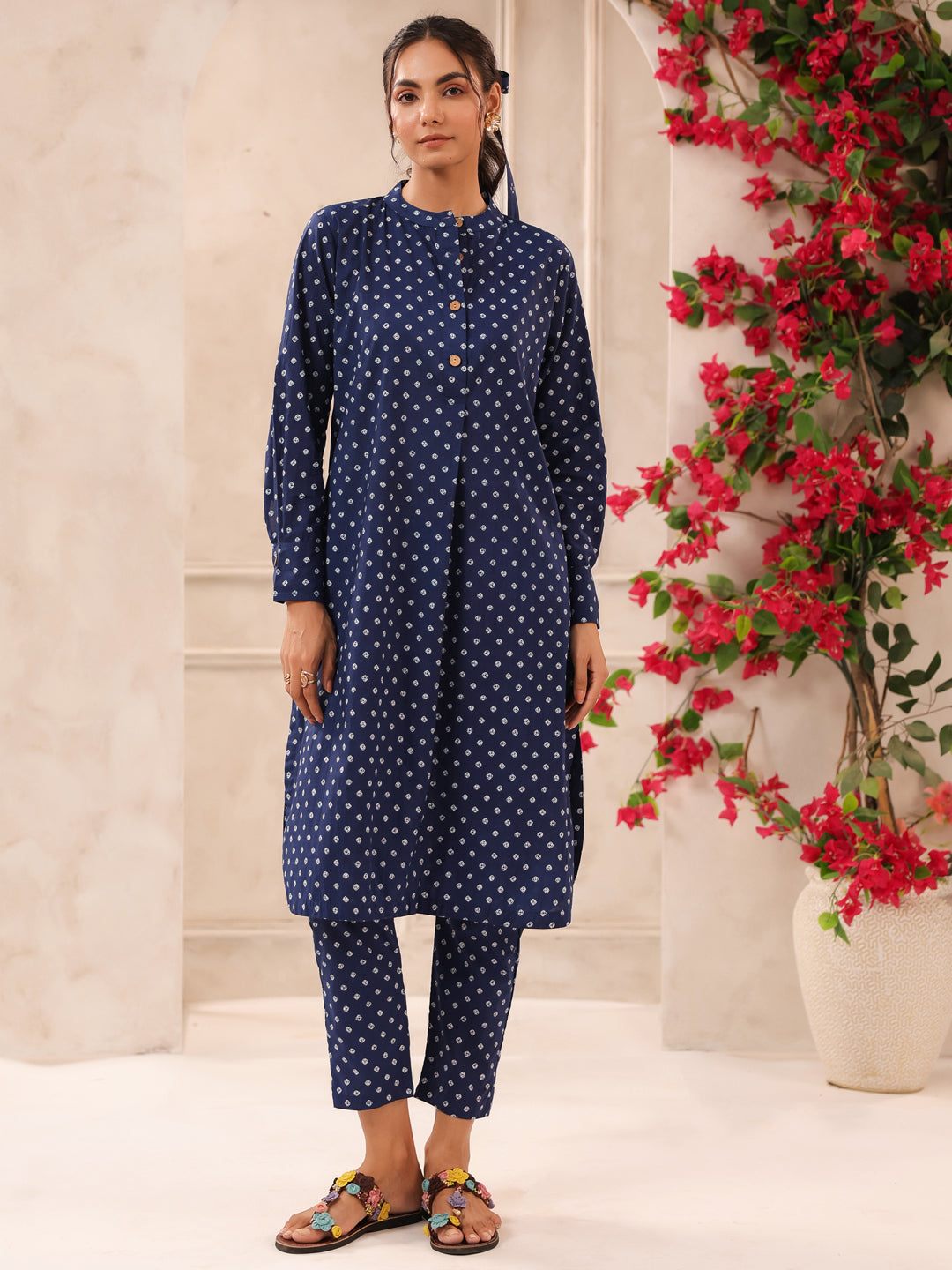Blue Bandhej Printed Cotton Kurta and Pants Set