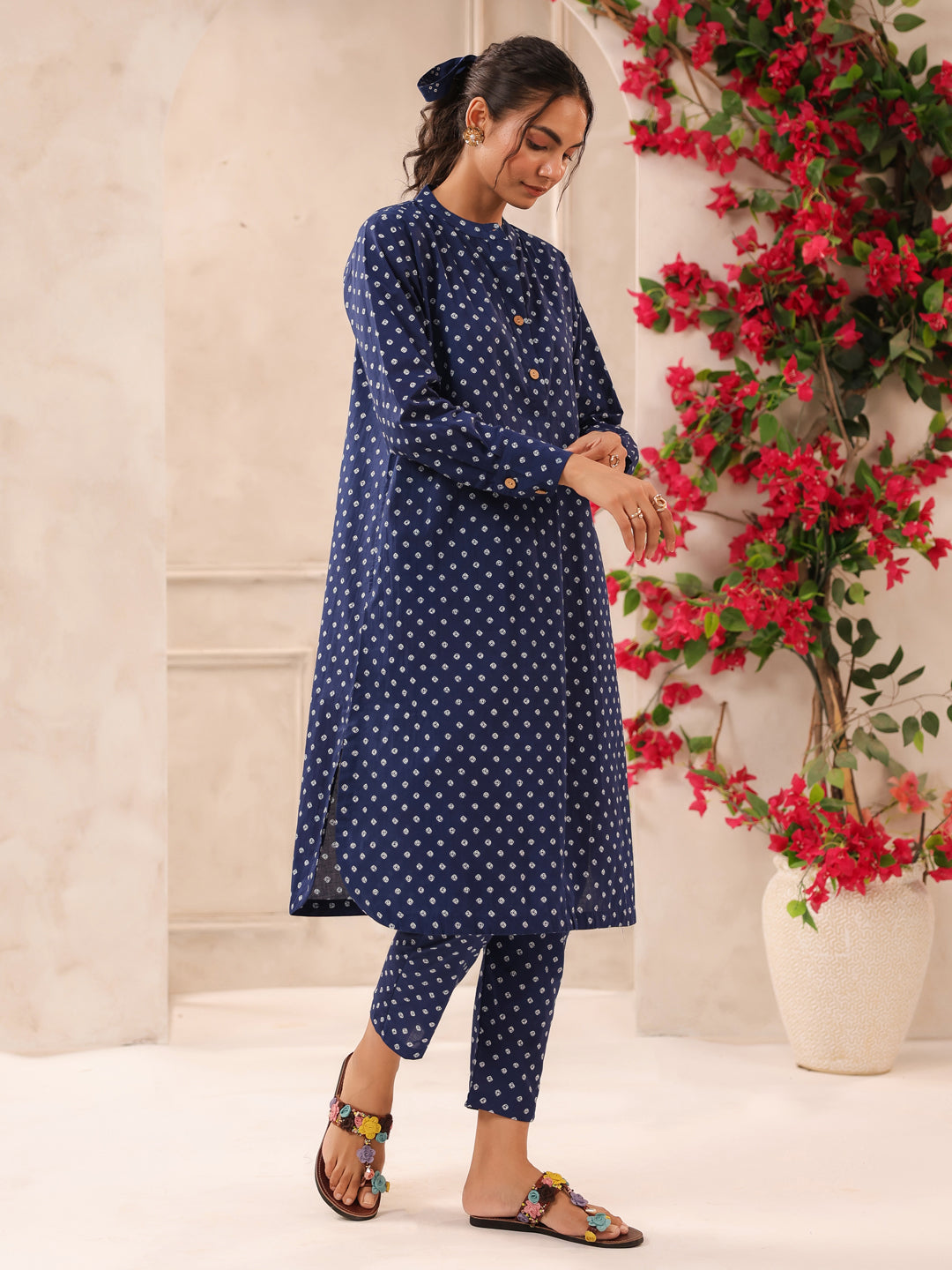Blue Bandhej Printed Cotton Kurta and Pants Set