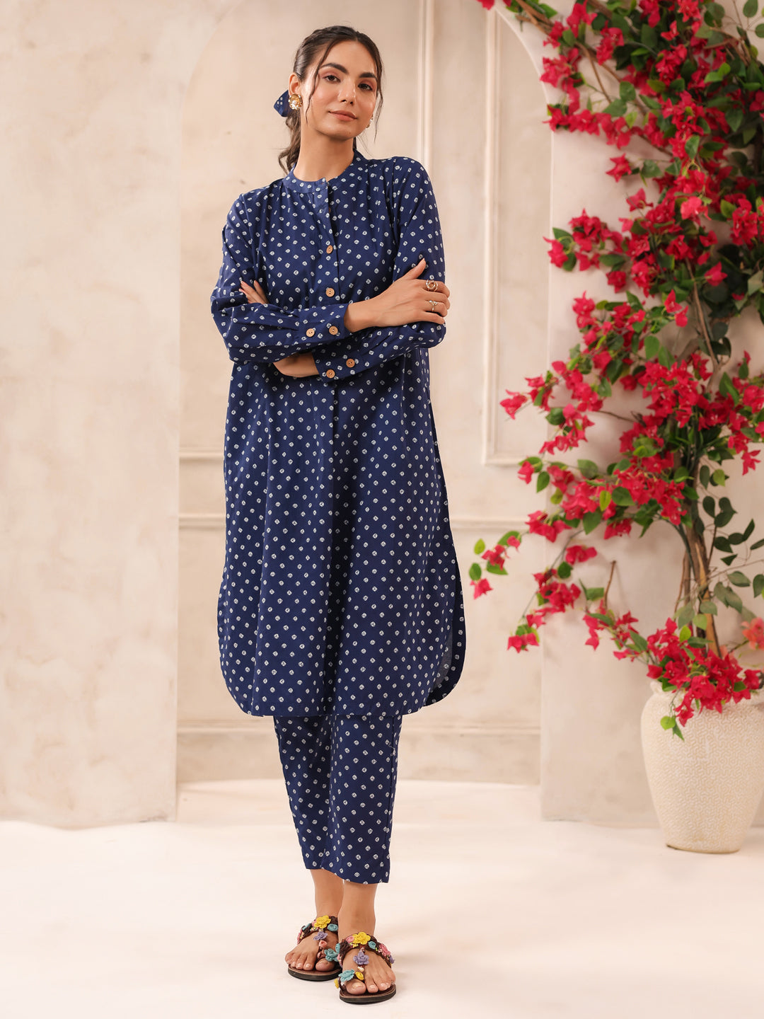 Blue Bandhej Printed Cotton Kurta and Pants Set