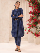Blue Bandhej Printed Cotton Kurta and Pants Set