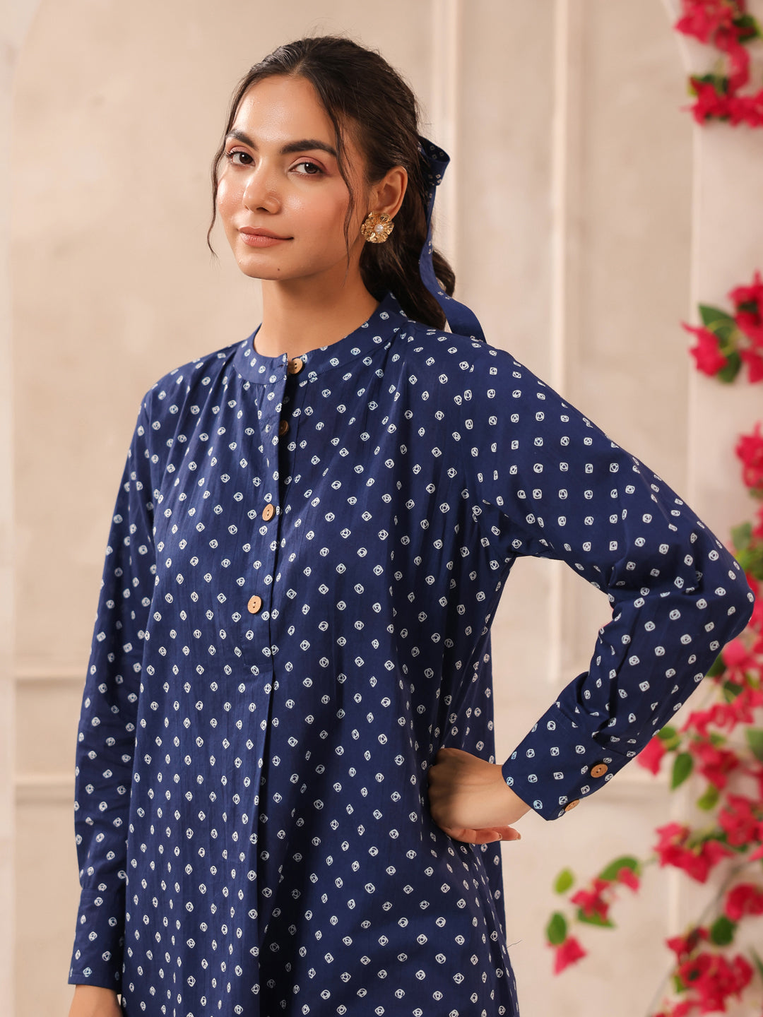 Blue Bandhej Printed Cotton Kurta and Pants Set