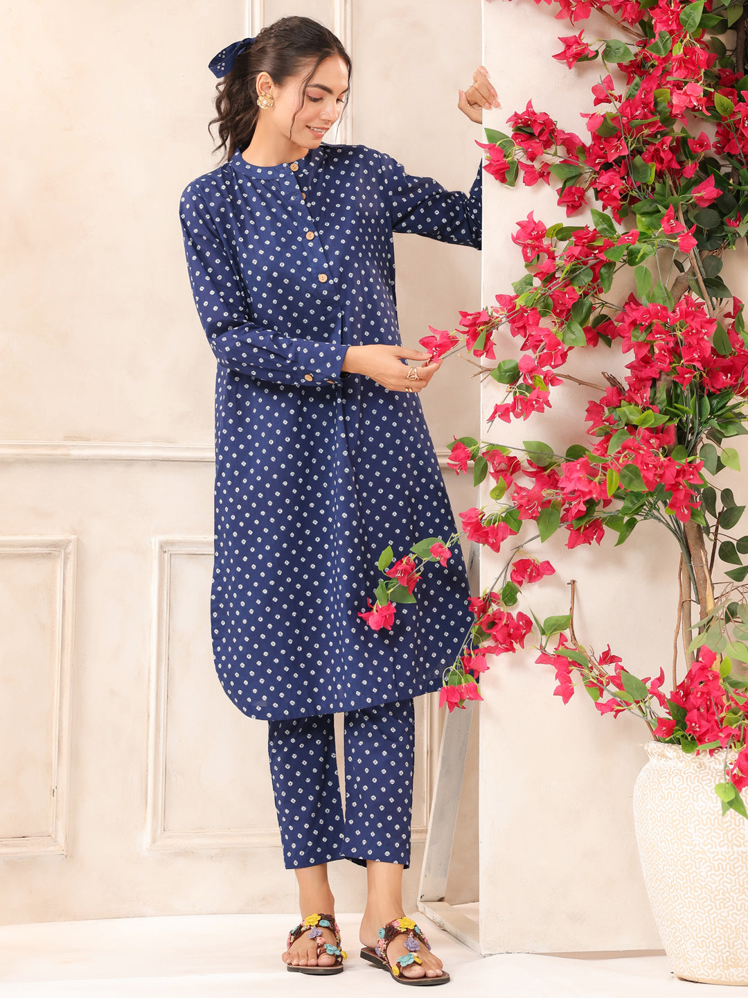 Blue Bandhej Printed Cotton Kurta and Pants Set