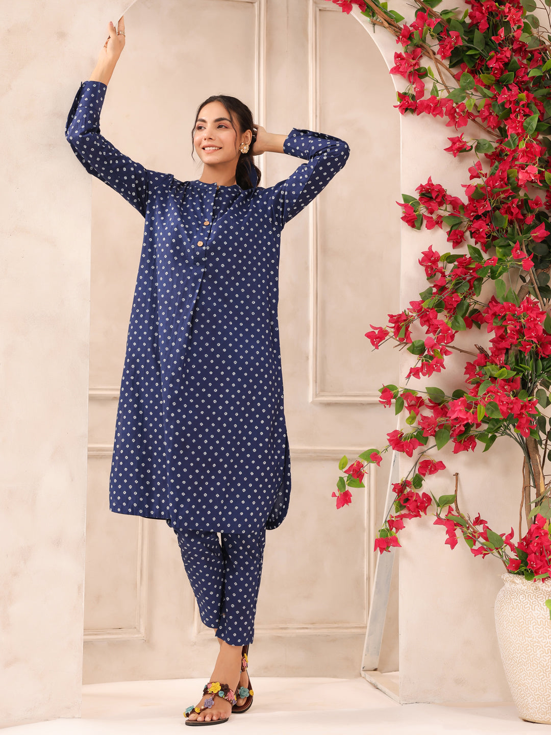 Blue Bandhej Printed Cotton Kurta and Pants Set