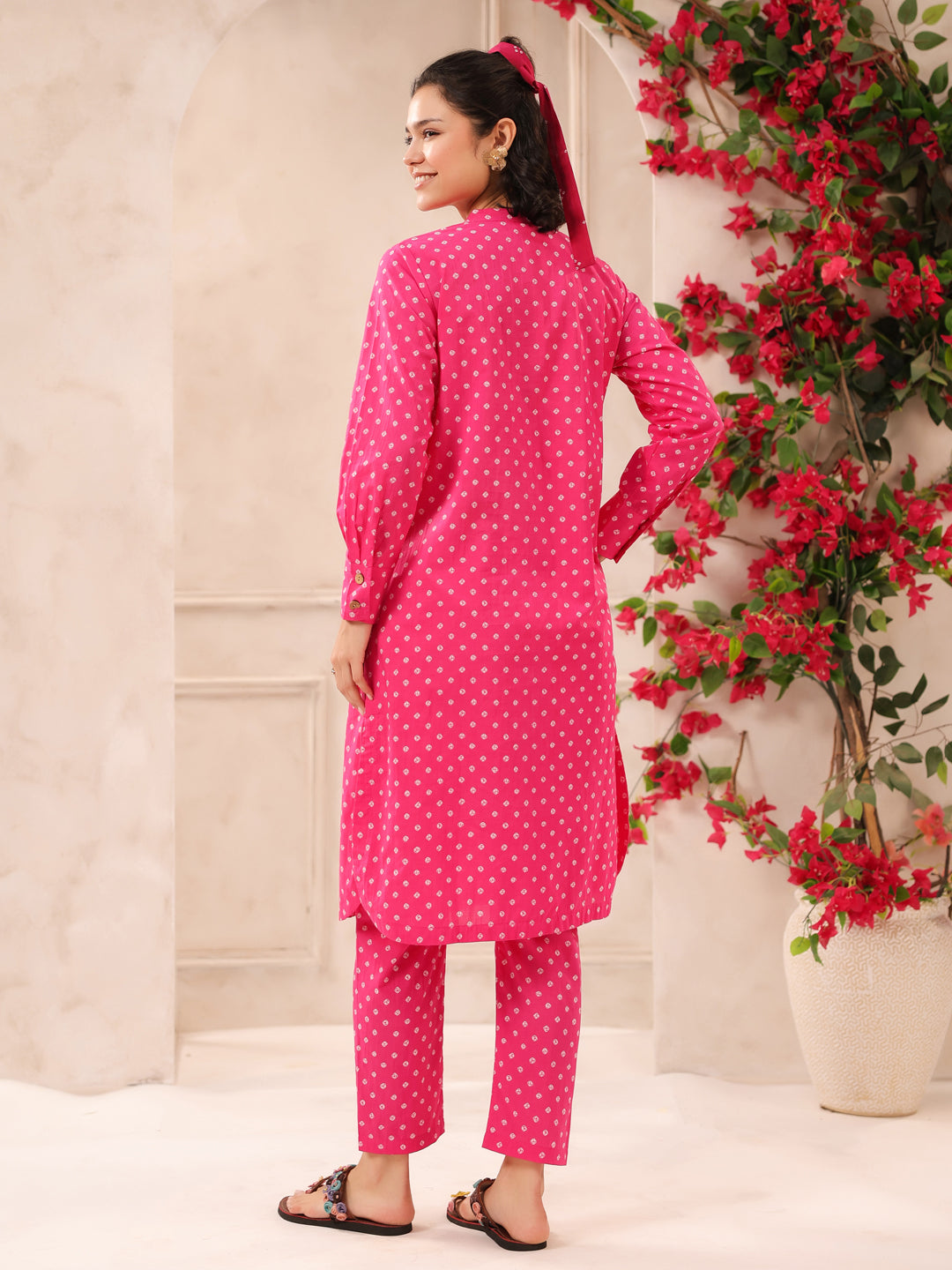 Pink Bandhej Printed Cotton Kurta and Pants Set