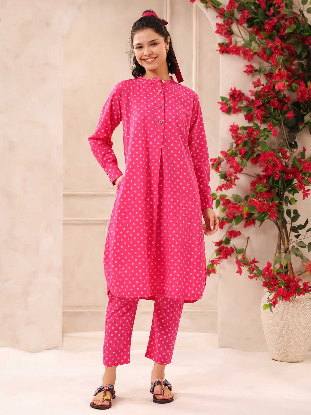 Pink Bandhej Printed Cotton Kurta and Pants Set