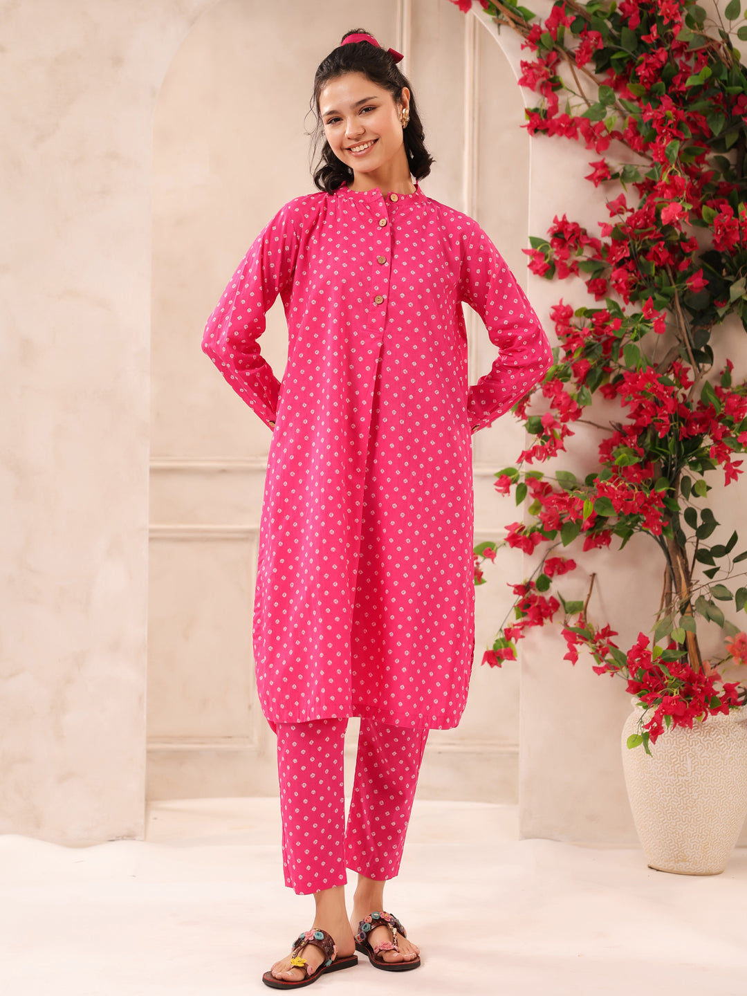 Pink Bandhej Printed Cotton Kurta and Pants Set