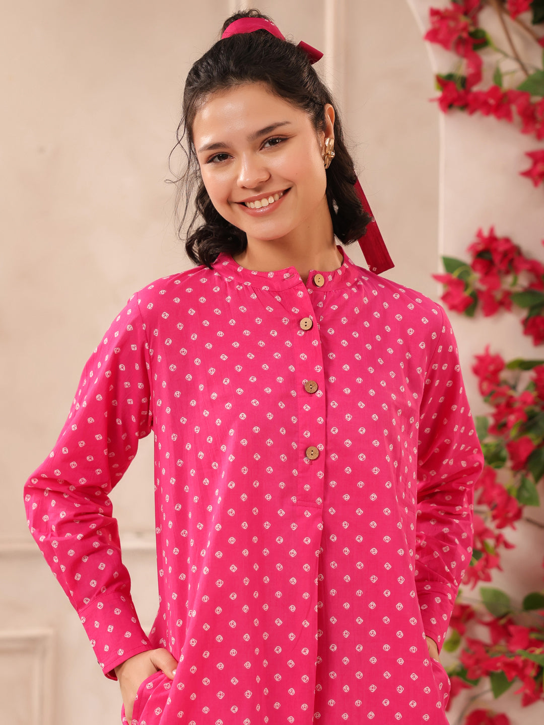 Pink Bandhej Printed Cotton Kurta and Pants Set