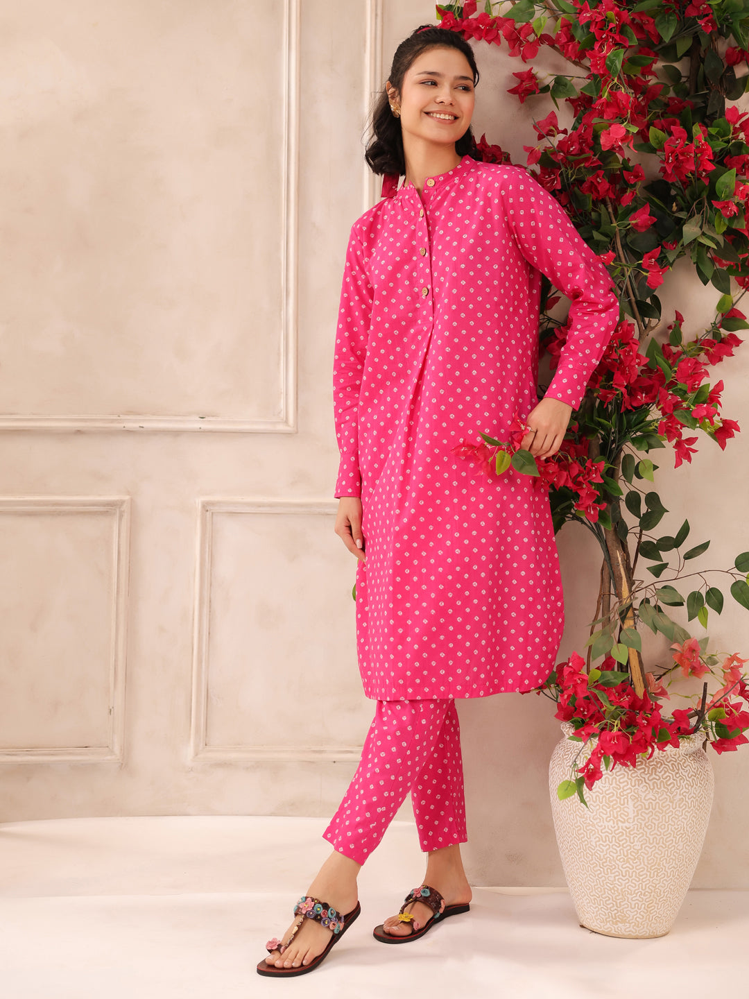 Pink Bandhej Printed Cotton Kurta and Pants Set