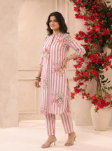 White Pink Stripes Printed Cotton Kurta and Pants Set