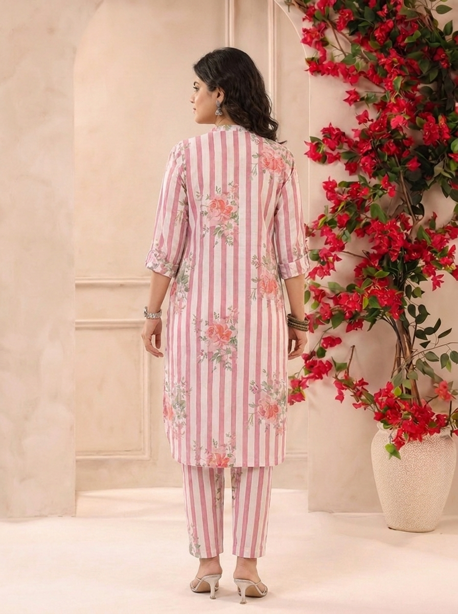 White Pink Stripes Printed Cotton Kurta and Pants Set