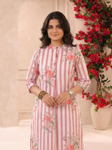 White Pink Stripes Printed Cotton Kurta and Pants Set