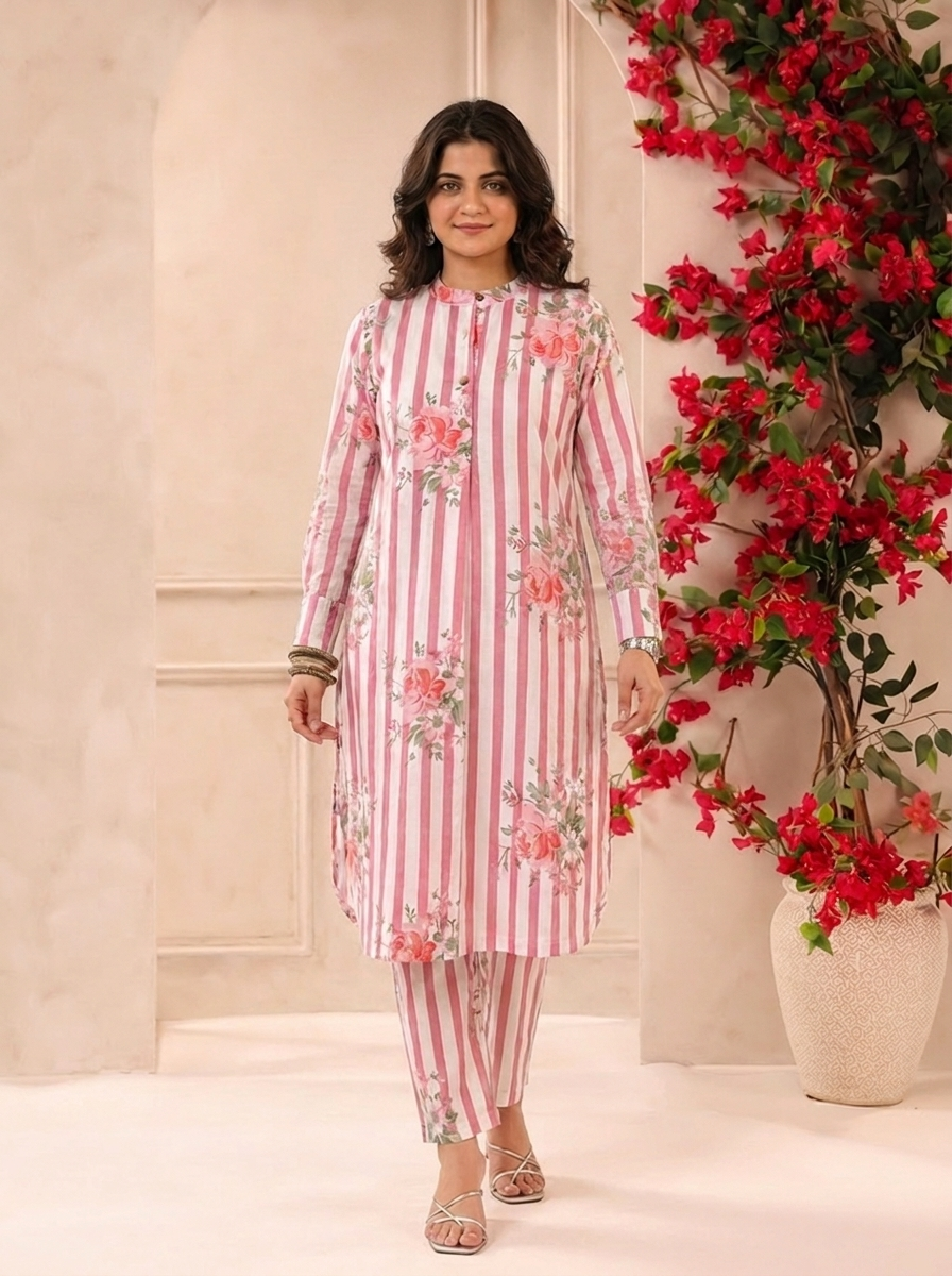 White Pink Stripes Printed Cotton Kurta and Pants Set