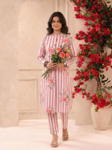 White Pink Stripes Printed Cotton Kurta and Pants Set