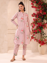 White Pink Stripes Printed Cotton Kurta and Pants Set