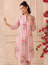 White Pink Stripes Printed Cotton Kurta and Pants Set