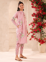 White Pink Stripes Printed Cotton Kurta and Pants Set