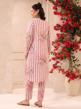 White Pink Stripes Printed Cotton Kurta and Pants Set