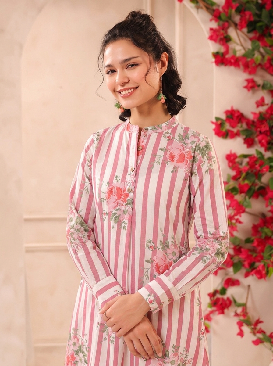 White Pink Stripes Printed Cotton Kurta and Pants Set