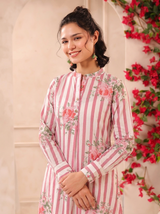 White Pink Stripes Printed Cotton Kurta and Pants Set