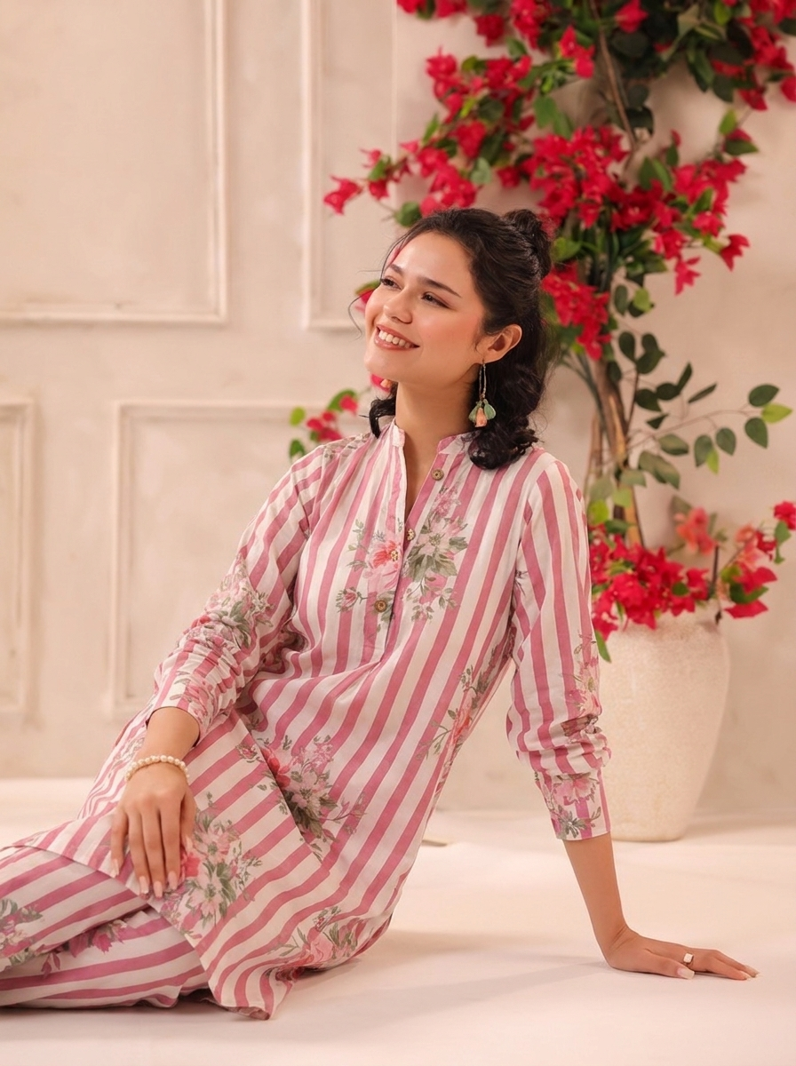 White Pink Stripes Printed Cotton Kurta and Pants Set