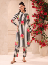 White Black Stripes Printed Cotton Kurta and Pants Set