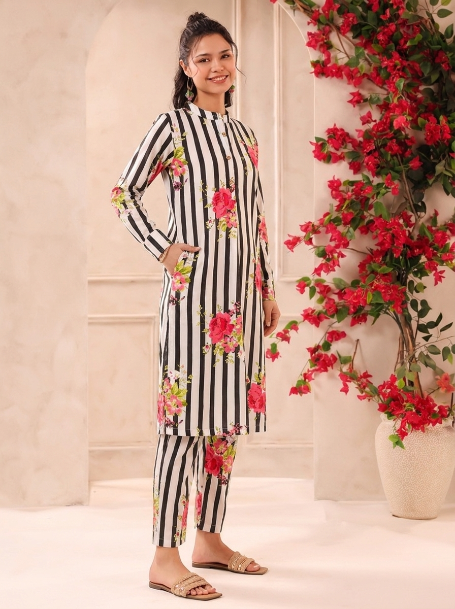 White Black Stripes Printed Cotton Kurta and Pants Set