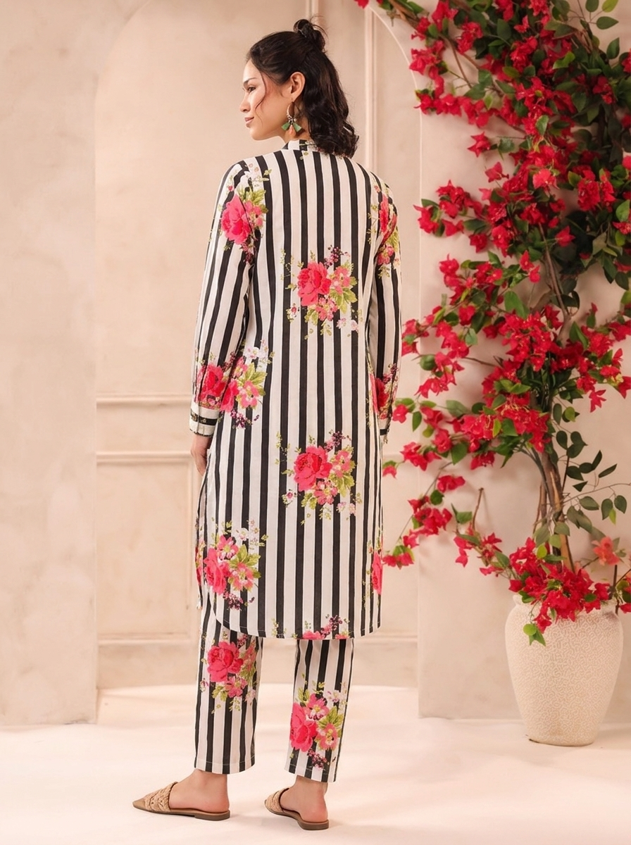 White Black Stripes Printed Cotton Kurta and Pants Set