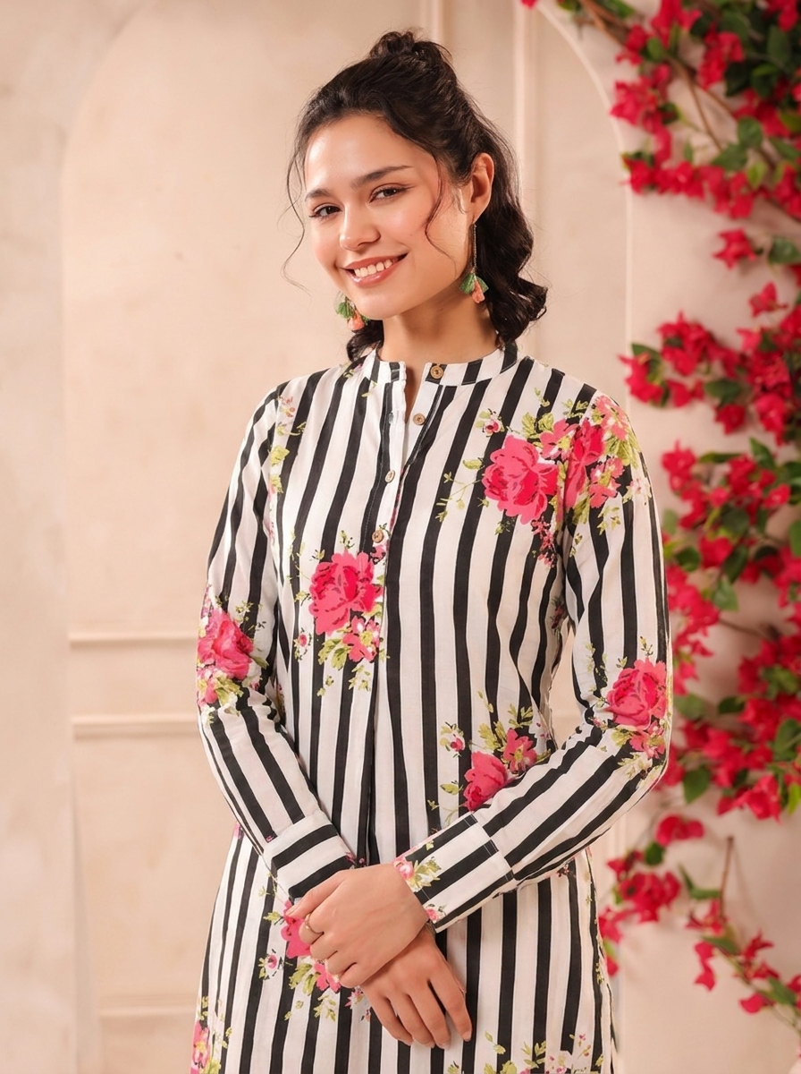 White Black Stripes Printed Cotton Kurta and Pants Set