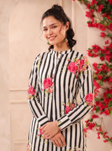 White Black Stripes Printed Cotton Kurta and Pants Set