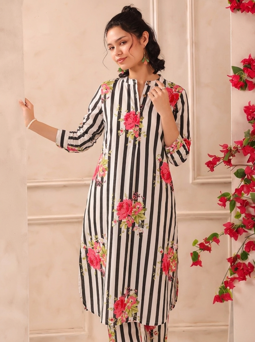 White Black Stripes Printed Cotton Kurta and Pants Set