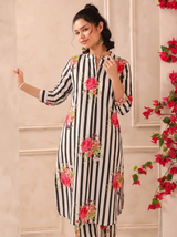 White Black Stripes Printed Cotton Kurta and Pants Set