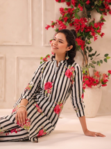 White Black Stripes Printed Cotton Kurta and Pants Set