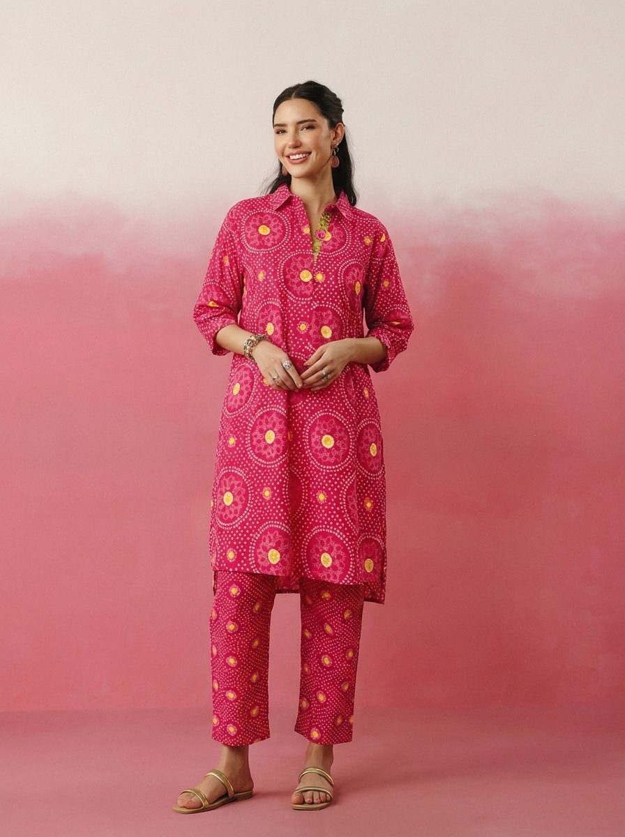 Deep Pink Bandhej Printed Co-ord Set