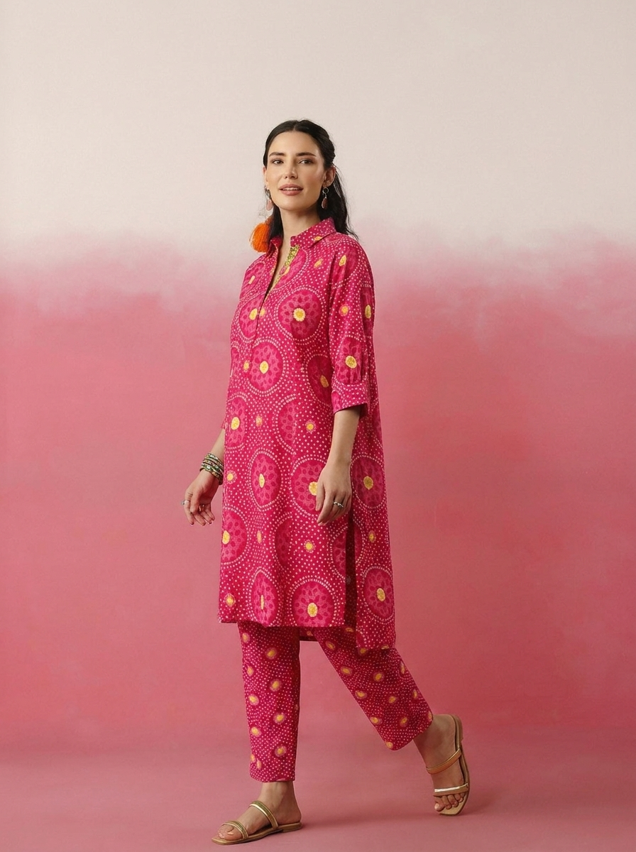 Deep Pink Bandhej Printed Co-ord Set