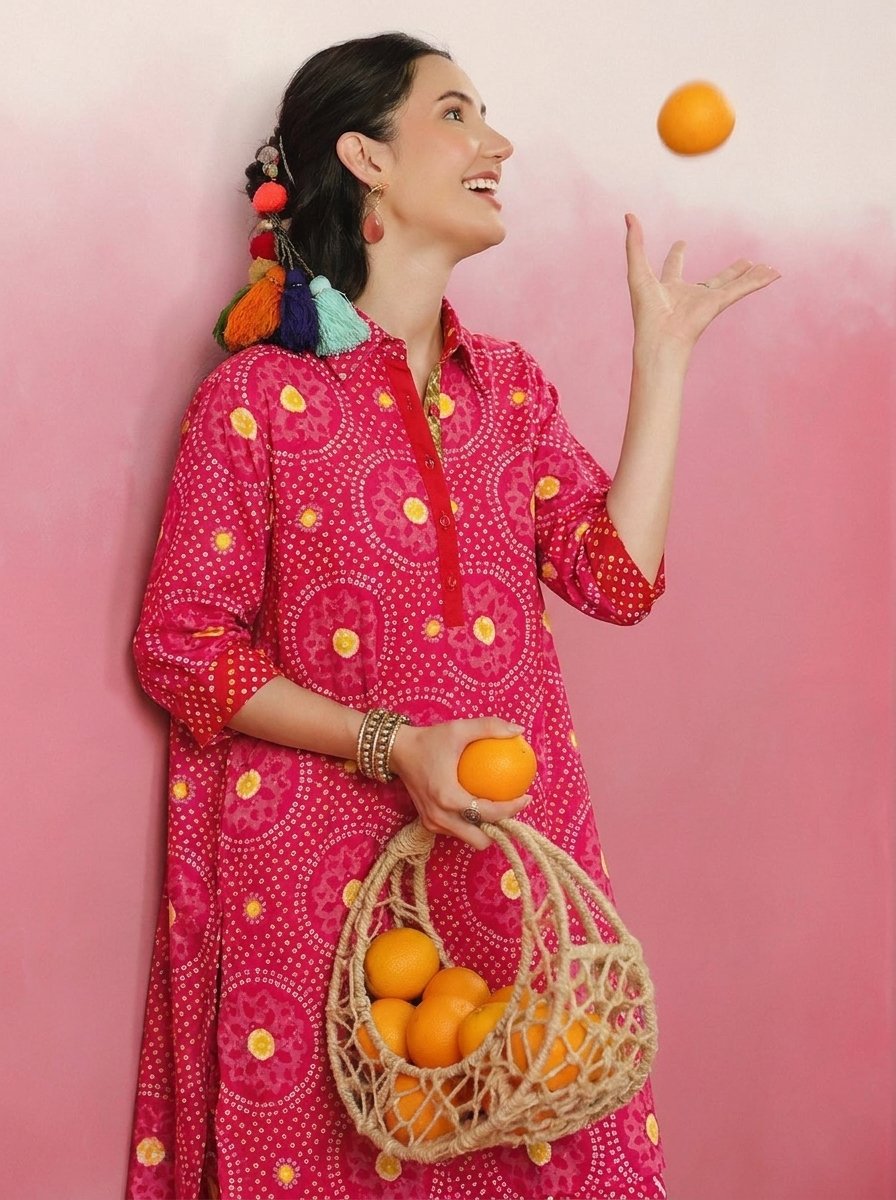 Deep Pink Bandhej Printed Co-ord Set