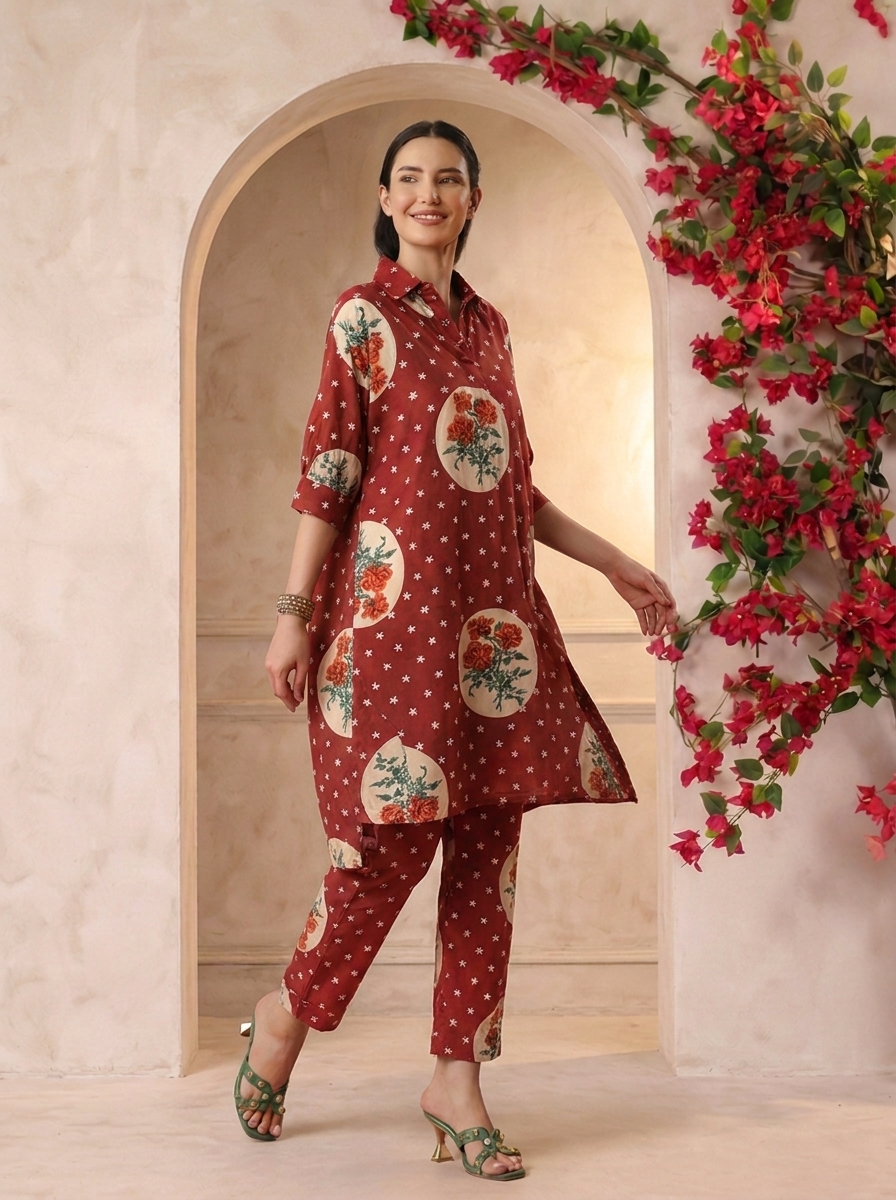 Maroon Victorian Printed Anti-Fit/Lose-Fit Kurta with Pants