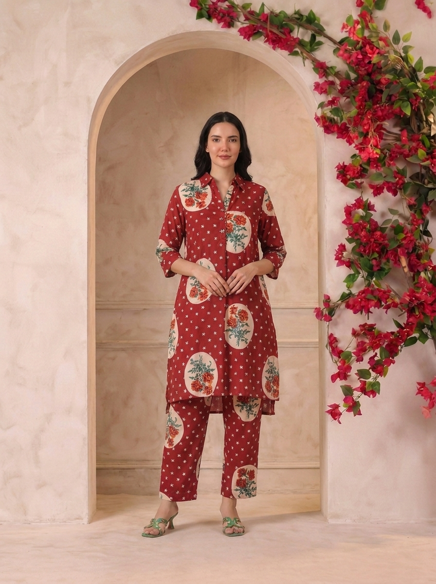 Maroon Victorian Printed Anti-Fit/Lose-Fit Kurta with Pants