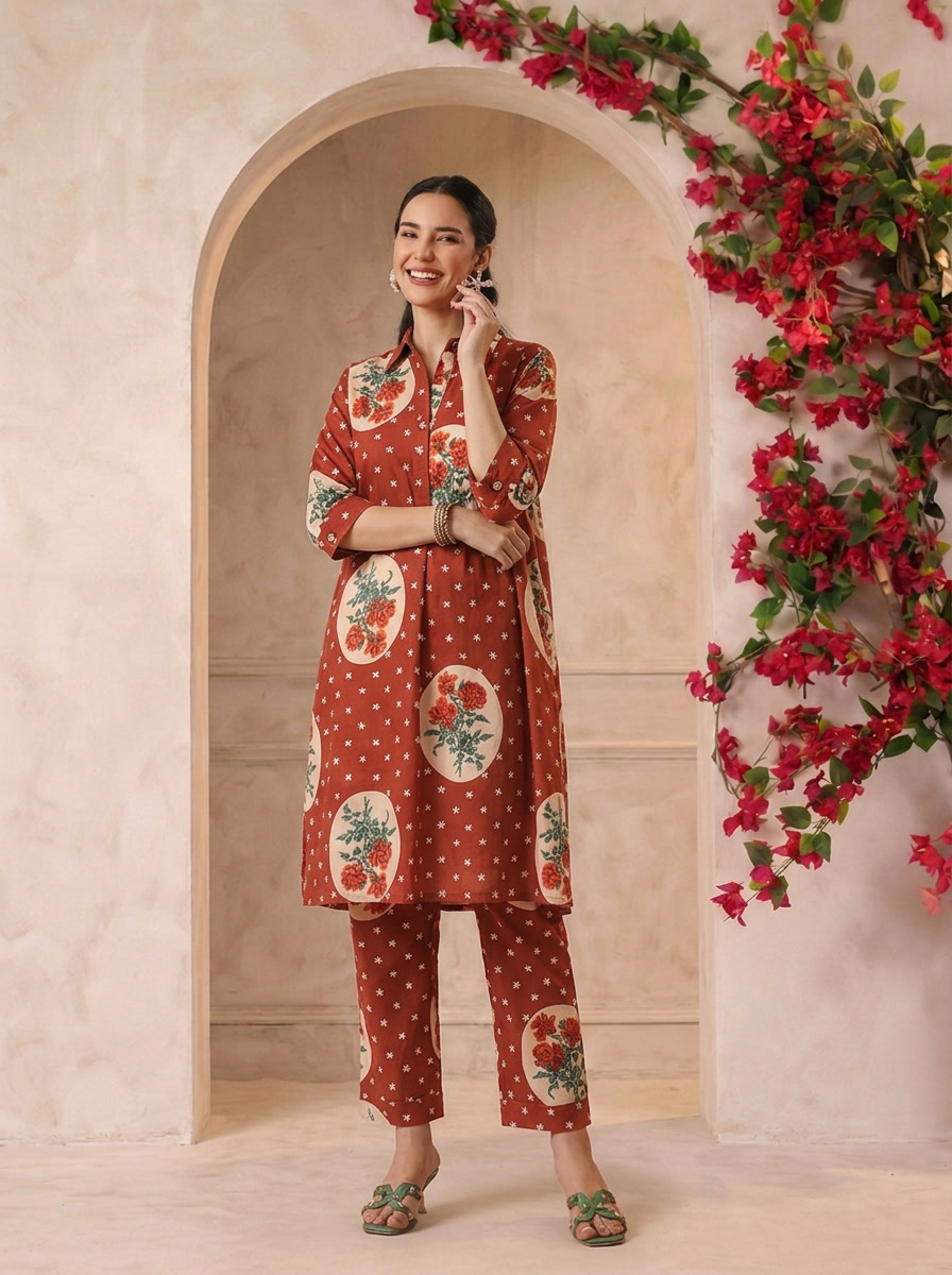 Maroon Victorian Printed Anti-Fit/Lose-Fit Kurta with Pants
