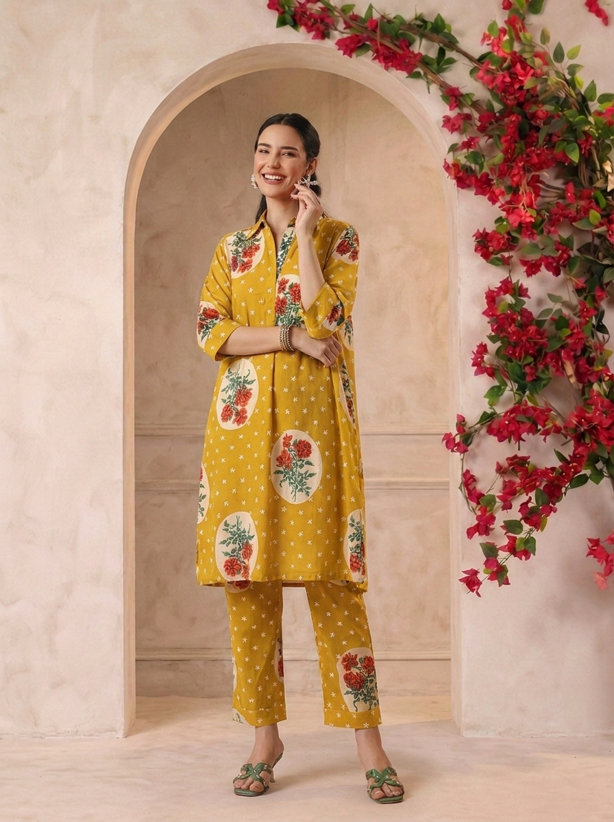Lemon Victorian Printed Anti-Fit/Lose-Fit Kurta with Pants