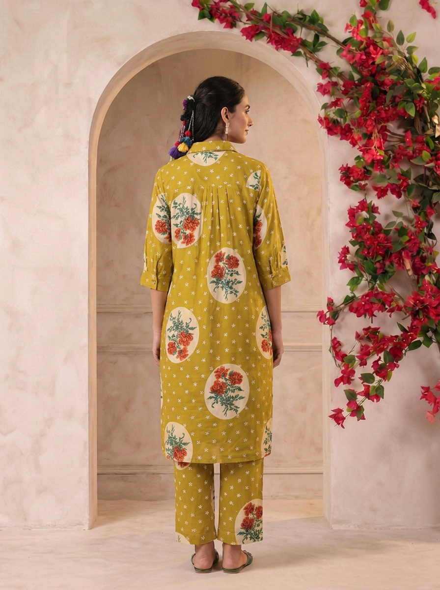 Lemon Victorian Printed Anti-Fit/Lose-Fit Kurta with Pants