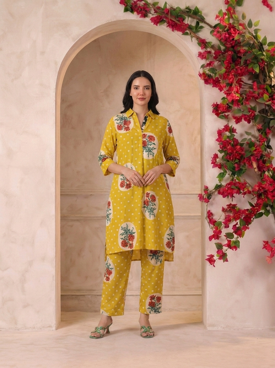 Lemon Victorian Printed Anti-Fit/Lose-Fit Kurta with Pants