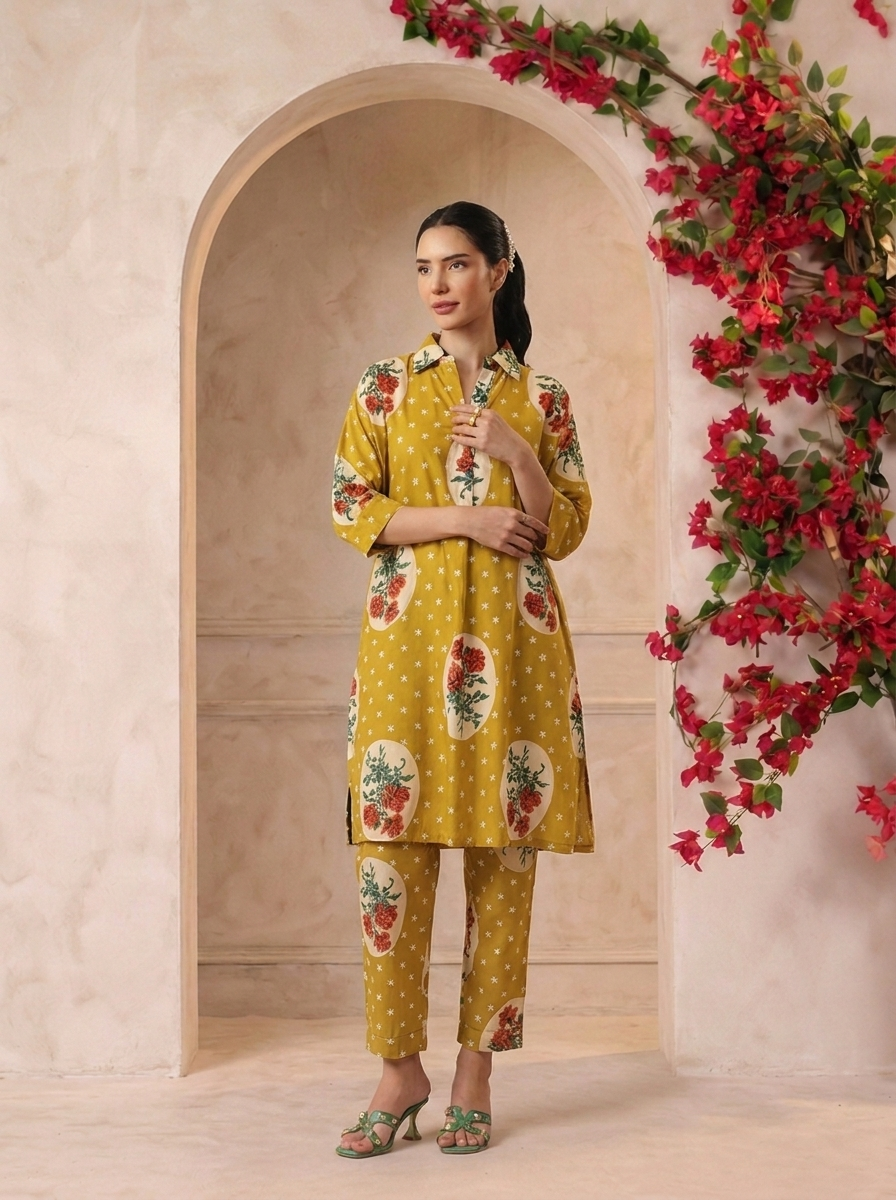 Lemon Victorian Printed Anti-Fit/Lose-Fit Kurta with Pants