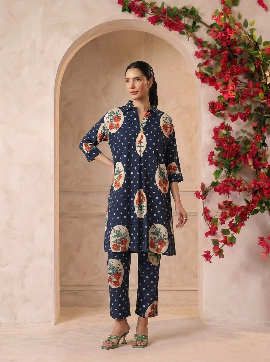 Navy Blue Victorian Printed Anti-Fit/Lose-Fit Kurta with Pants